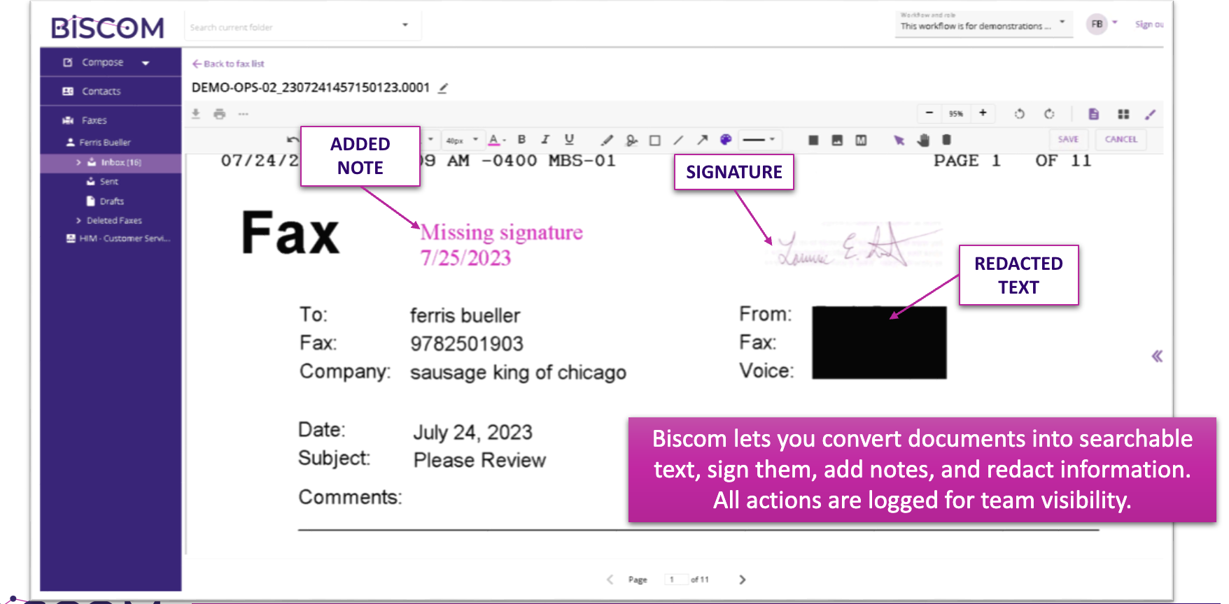 screenshot of Biscom Digital Fax